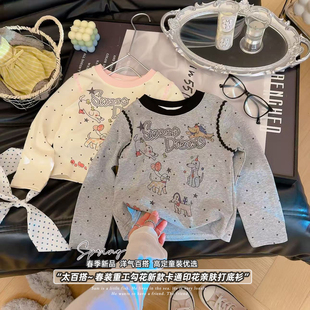 新款 朵儿082 2026春季 女童波点重工勾花卡通小狗印花亲肤打底衫