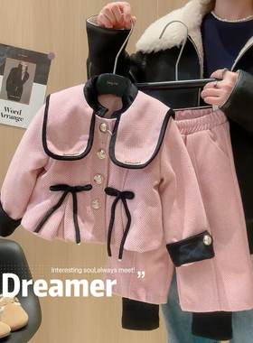 晴晴女童小香风翻领拼接毛呢加厚外套+长裤套装DA30823嘉