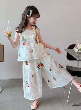 女童洋气刺绣花朵无袖上衣裤子两件套2026夏季AS新款AS088