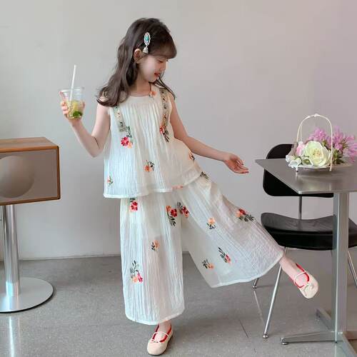 女童洋气刺绣花朵无袖上衣裤子两件套2026夏季AS新款AS088