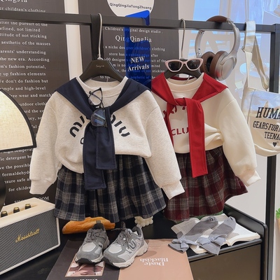 宠粉*女童英伦学院风卫衣格子裙套装*送披肩2025秋新款MLD0161麦