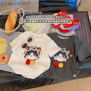 新款 SF083柚 T恤2026夏季 女童卡通猫咪印花百搭亲肤休闲短袖