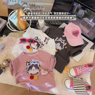 新款 PM042茆 百搭上衣2026夏季 女童卡通猫咪印花T恤洋气半袖