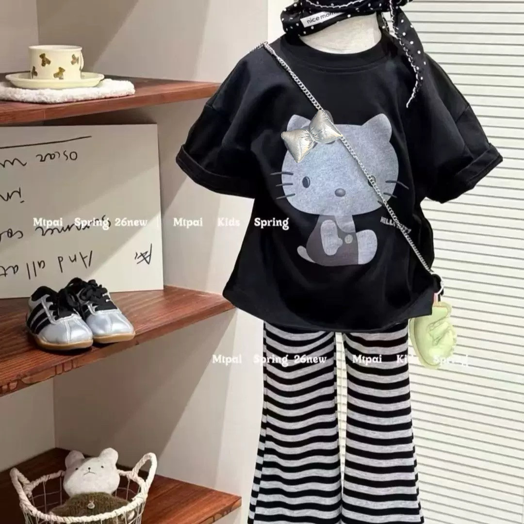 女童韩系卡通印花竖条纹喇叭裤两件套2026夏季新款HL34蕾