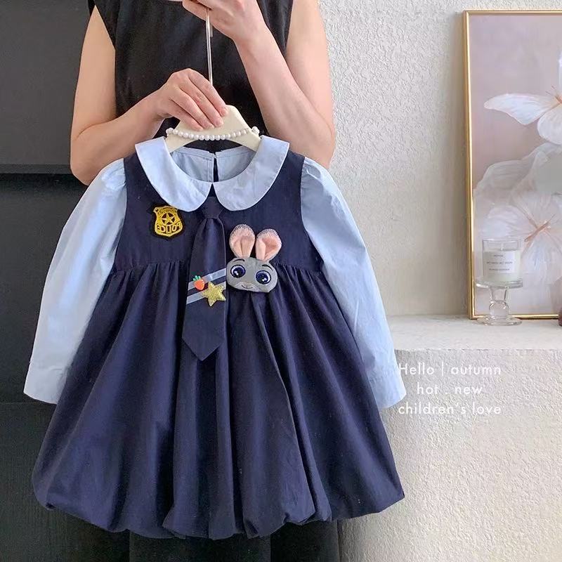 女童洋气兔子警官娃娃领衬衫花苞连衣裙2025秋季新款31001啦