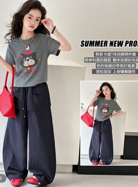 女童猫咪短袖T恤洋气屁帘休闲工装裤两件套2026夏季KB新款P-0162