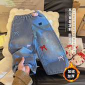 新款 宠粉女童洋气蝴蝶刺绣结加绒牛仔裤 送小玩偶2025冬季 ZM010嫜