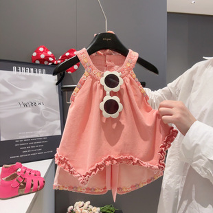 新款 SA30430嘉 兩件套2025夏季 女童牛仔愛心蝴蝶結不規則背心短褲
