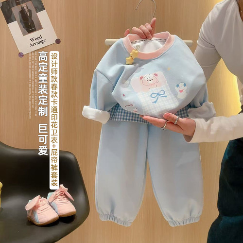 女童撞色卡通印花卫衣格子屁帘裤两件套2026春季新款SF085柚