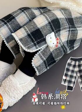 女童可爱卡通格子假两件直筒加绒束脚休闲裤2025冬季新款LP009锡