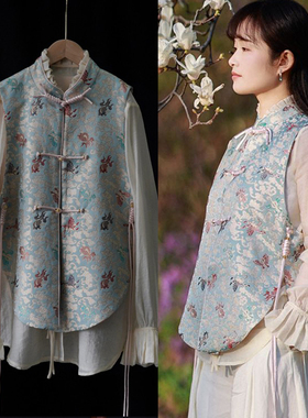 【金鱼闹彩蝶·宋锦】苏地宋锦|原创新中式春夏新款短款飘带马甲