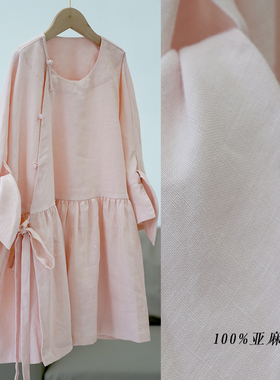 100%亚麻浅粉色夏季新款新中式盘扣宽松斜襟连袖清凉荷叶边衬衫