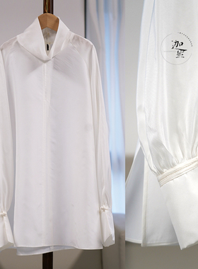 100%桑蚕丝泡泡袖盘扣新中式打底衬衫堆领立领女款秋冬宽松衬衫