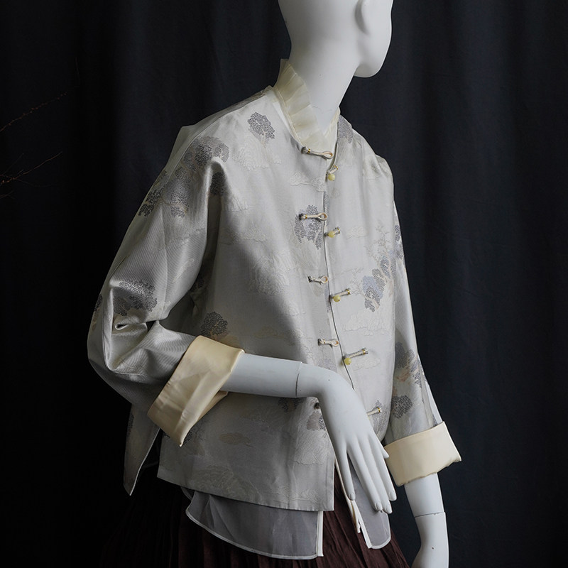 【宋锦】非遗老宋锦真丝新中式老钱风银霜色提花款式盘扣上衣
