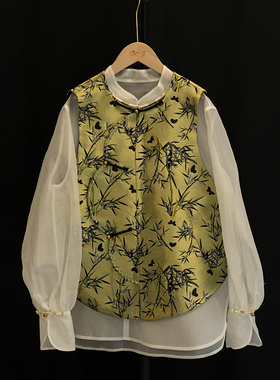 织金宋锦原创设计竹子纹黑金新中式国风背心马甲水波门襟A型圆摆