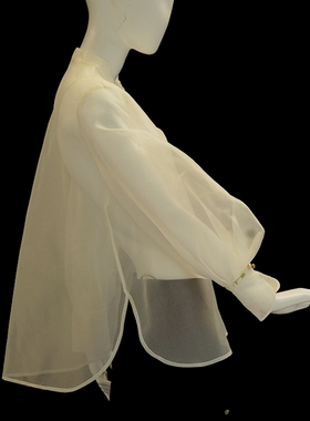 100%桑蚕丝生丝绡原创宽松版新中式国风立领泡泡袖打底衬衫