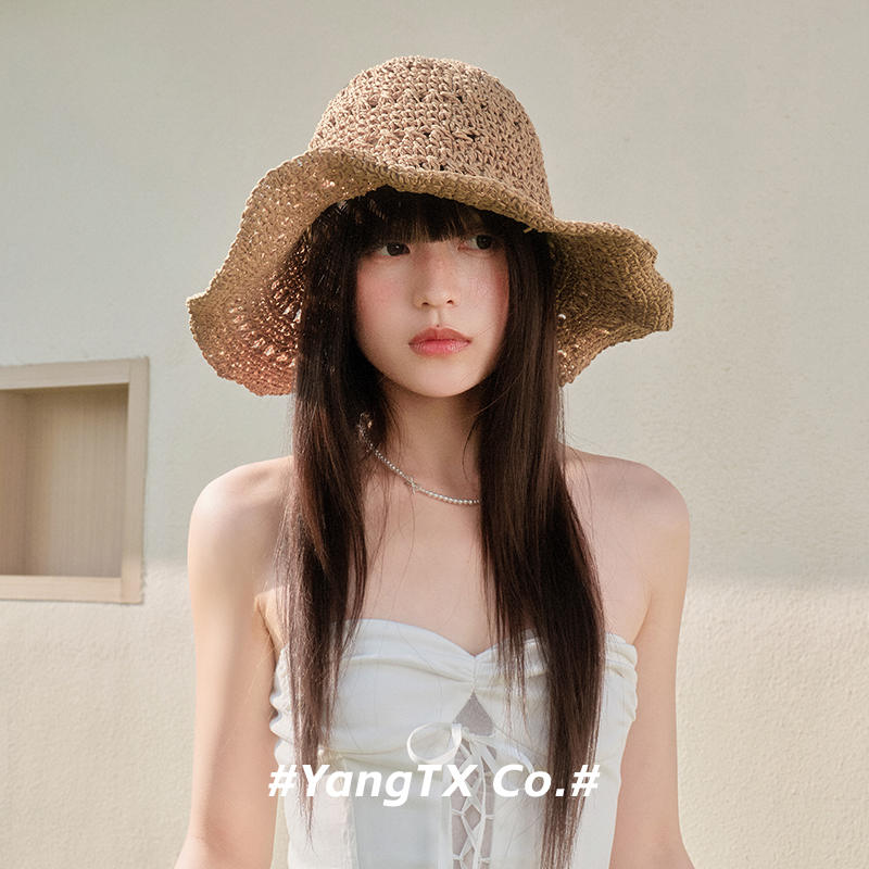 杨同学纯色手工草编遮阳帽女夏季海边沙滩防晒渔夫帽圆顶休闲草帽