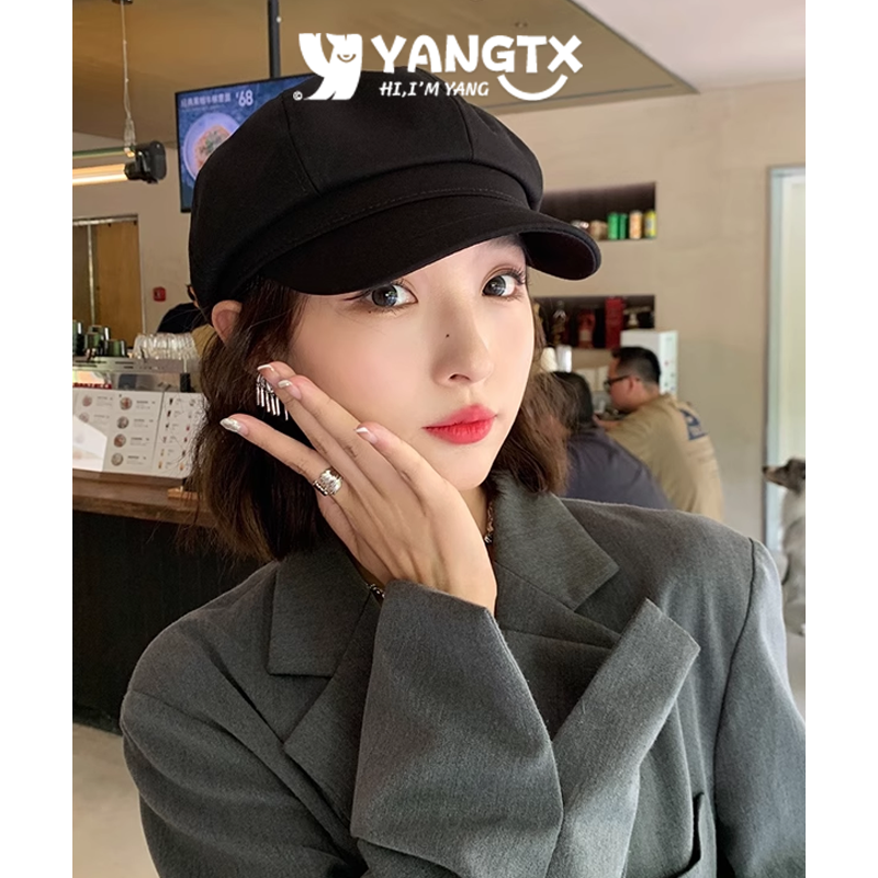杨同学严选2024新款美式贝雷帽黑色春秋八角帽复古英伦风前进帽女