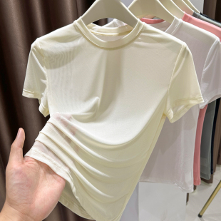 杏色上衣0316e 薄款 春夏网纱短袖 小圆领t恤女纱衣蕾丝打底衫