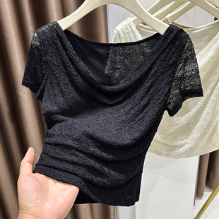 夏季一字斜肩蕾丝短袖T恤女小个子短款薄纱褶皱垂折领上衣0301w