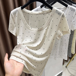 春夏低领短袖修身T恤新款女针织大圆领内搭衣薄款波点上衣0310z