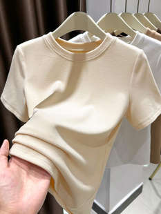 中袖双面德绒打底衫女秋冬洋气圆领短袖T恤磨毛加绒加厚保暖内搭