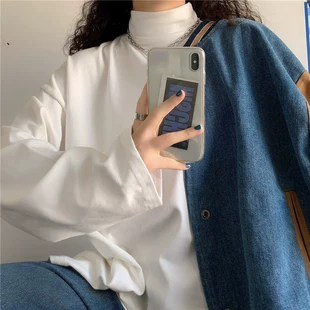 女内搭外穿春装 t恤宽松半高领上衣秋冬季 胖mm打底衫 新款 磨毛长袖