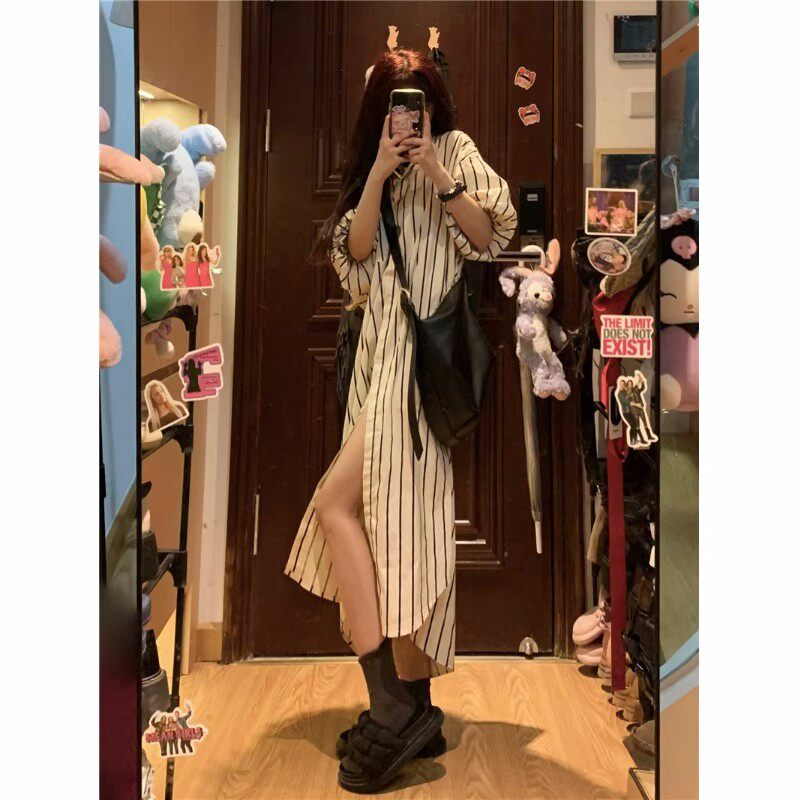 胖妹妹慵懒风条纹袖衬衫女夏季2025新款中长款