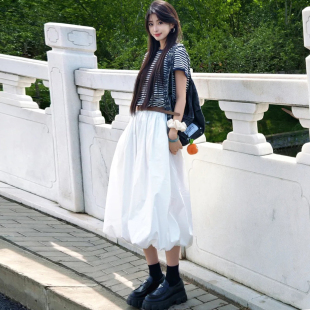 薄款 白色冰丝花苞裙女夏季 休闲高腰a字慵懒甜美风宽松云朵蓬蓬裙
