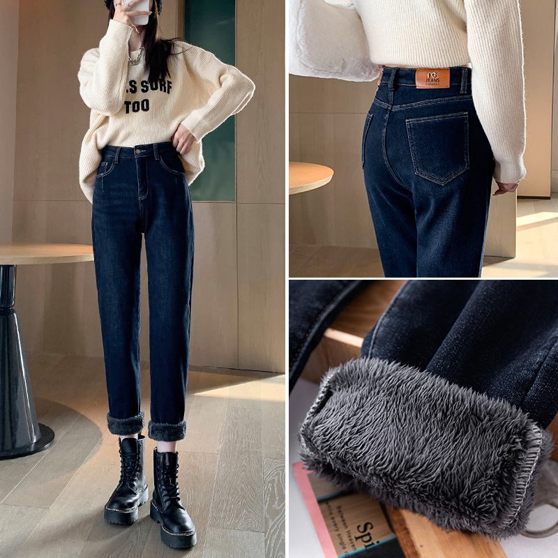 加绒牛仔裤女秋冬2021年新款高腰显瘦萝卜宽松哈伦加厚羊羔绒裤子