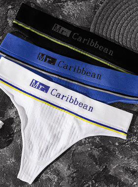 出口新款一片式男士丁字裤运动健身字母宽腰中腰性感无痕T裤