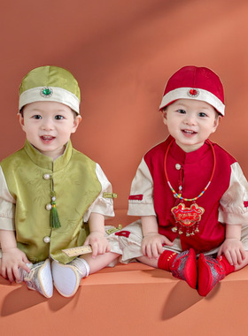 周岁礼服男宝宝套装夏季儿童短袖洋气抓周宴生日婴儿新中式风衣服