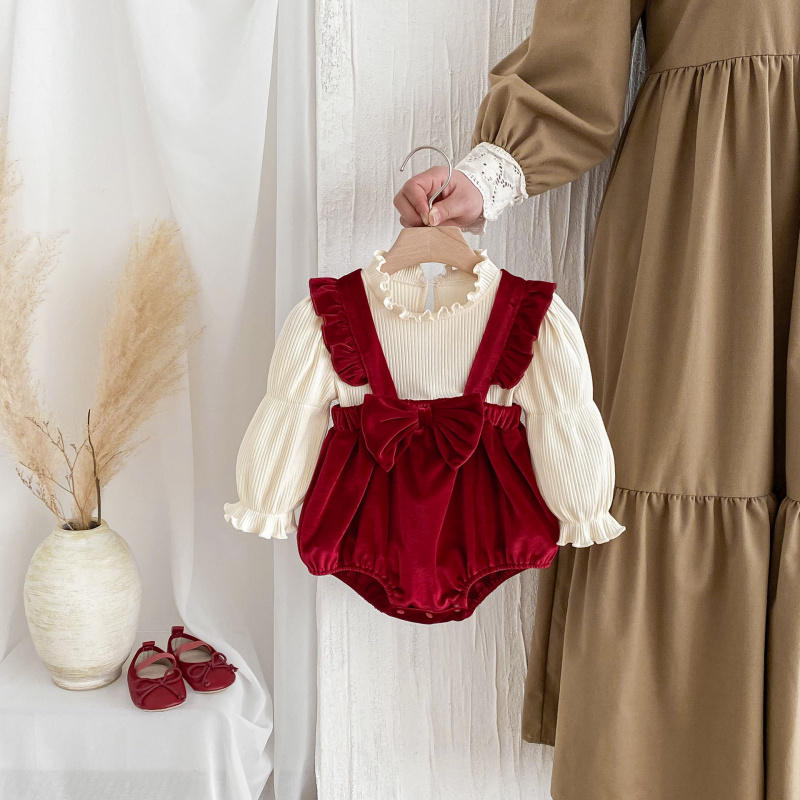 婴儿衣服秋装女蝴蝶结泡泡袖假两