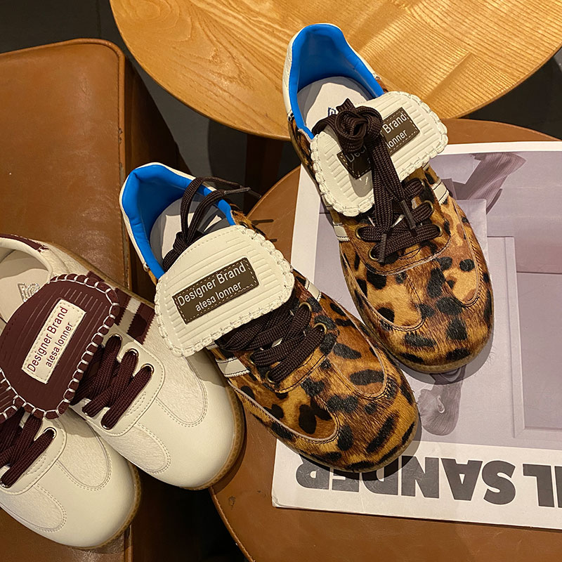 美拉德棕×2025春季新款女鞋子德训鞋马毛豹纹阿甘鞋百搭休闲板鞋