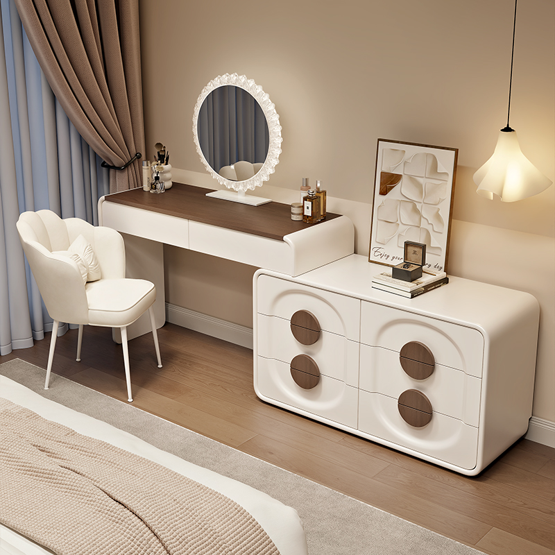 2025新款中古梳妆台卧室现代简约实木收纳斗柜一体化妆桌不占空间