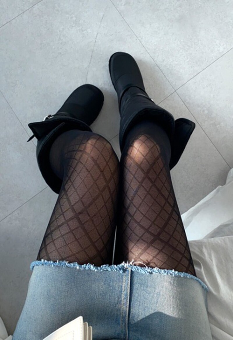 夏季复古薄款简约纯欲风连裤袜女菱形网格黑丝性感薄款防勾丝打底