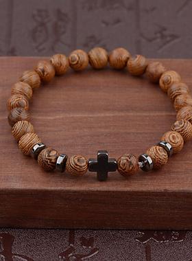 复古木纹珠子十字架串珠手链木珠个性手镯气质手饰手串手环新中式