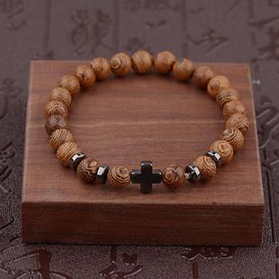 复古木纹珠子十字架串珠手链木珠个性手镯气质手饰手串手环新中式