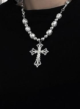 欧美ins十字架珍珠项链短款吊坠配饰嘻哈百搭蹦迪男女潮个性复古