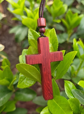 手工红花梨木十字架平安毛衣链