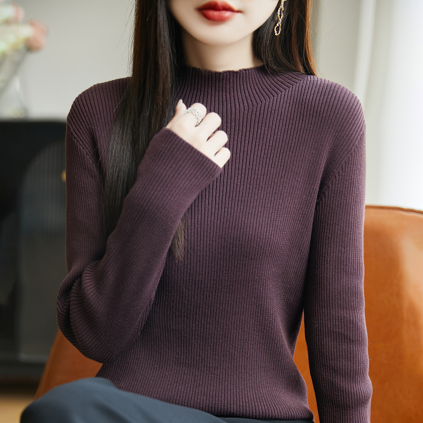 秋冬简约半高领毛衣女修身气质长袖线针织打底衫内搭上衣1006r