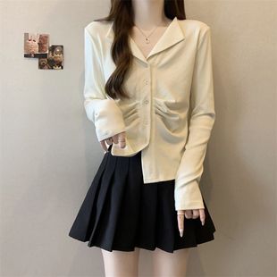 女春秋胖MM收腰显瘦褶皱 大码 女装 遮肚子翻领纽扣正肩长袖 衬衫