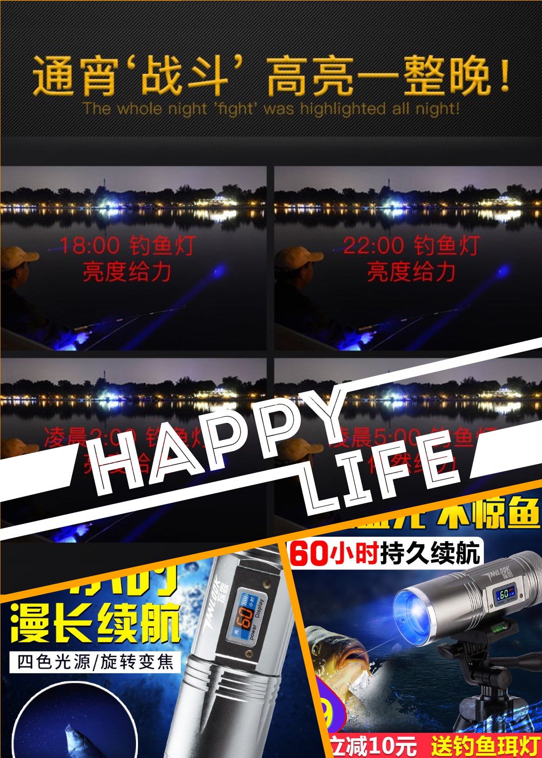 超亮强光夜光夜钓灯钓鱼灯大功率拉饵紫光氙气蓝光w渔具用品1000