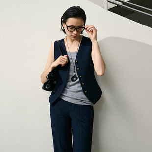 子套装 高级通勤藏青色V领背心裤 单排扣马甲外套2025早秋新款 xyi