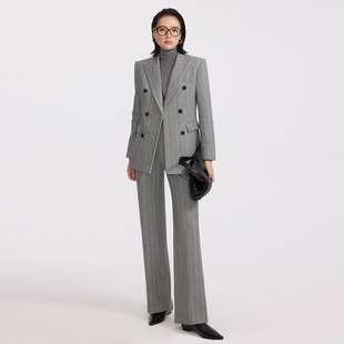 灰色暗条纹商务通勤正装 气质女神范高端套装 秋冬加厚羊毛西装 xyi