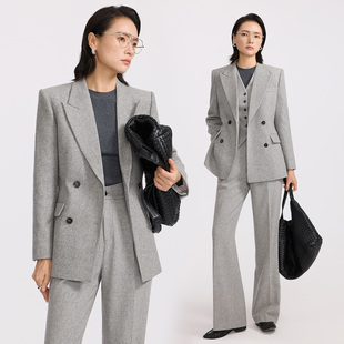 两件套休闲商务套装 女双排扣高级灰色阔腿裤 2025秋冬羊毛西装 xyi