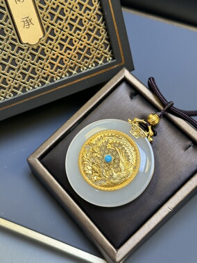 龙凤呈祥传承足金金镶玉和田玉吊坠项链