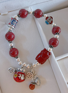 足银99纯银福袋锁手链复古做旧新中式纯银手链女本命年礼物朱砂