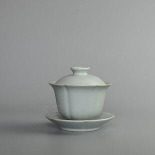 汝窑豆青釉开片东道早期孤品葵口三才盖碗南方仿汝瓷珍品