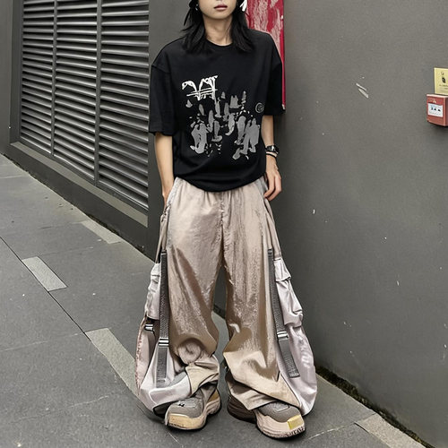 高街美式弯刀阔腿束脚运动裤